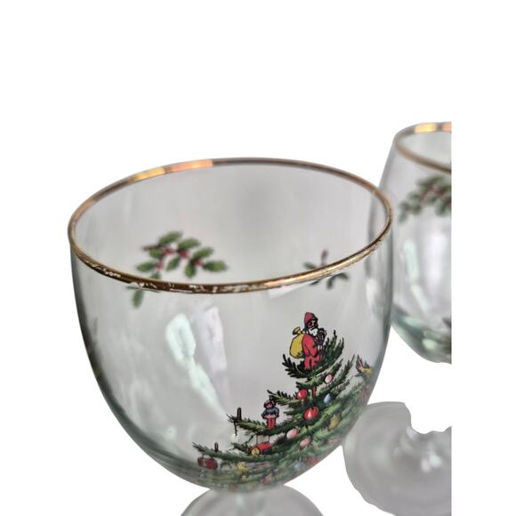 Vintage Spode Christmas Stemware Wine Water Glasses Holiday Set of 8 Holly Tree - Picture 5 of 10